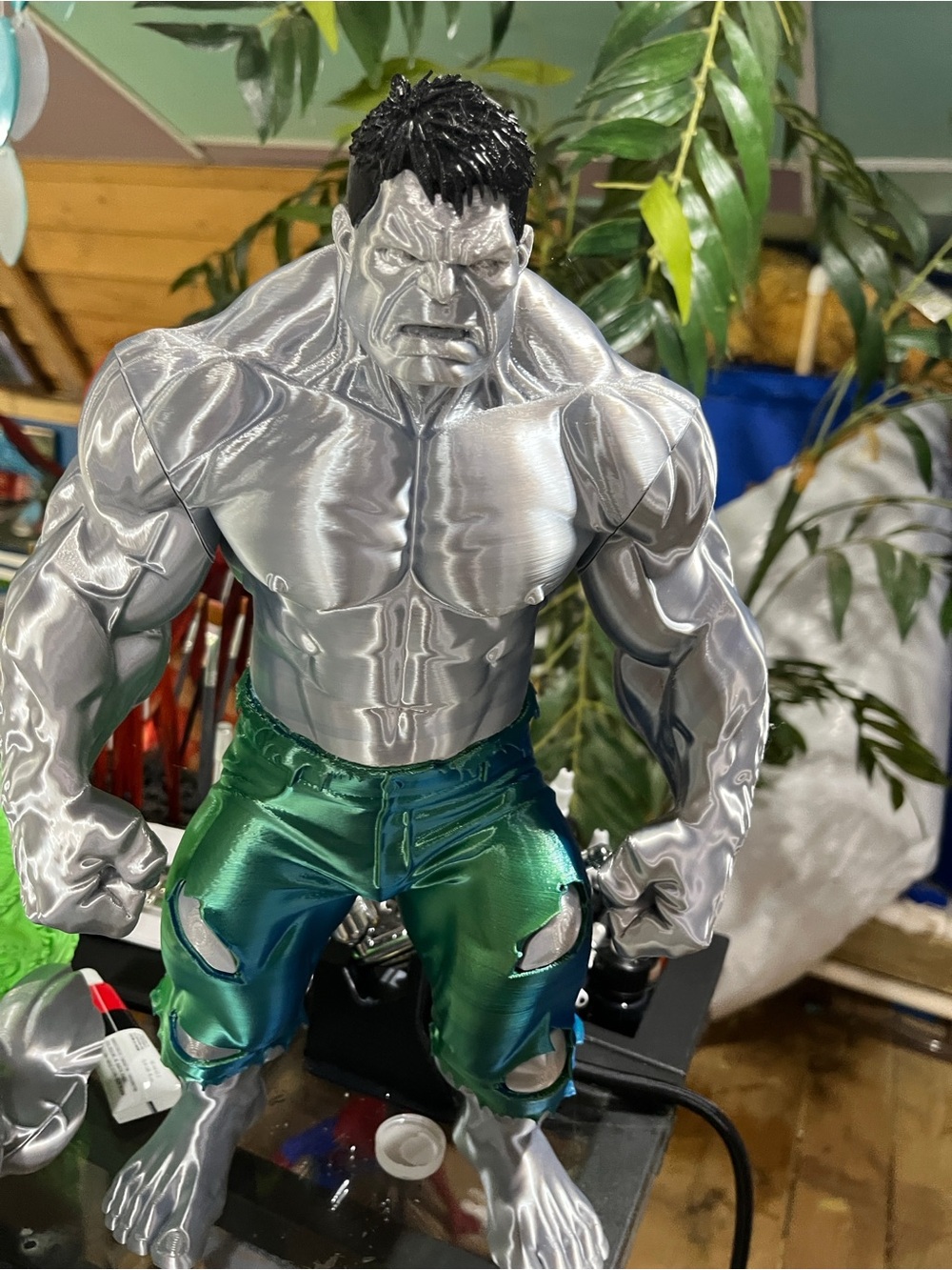 Silver and Green Hulk-Inspired Resin Figurine - Home Accent